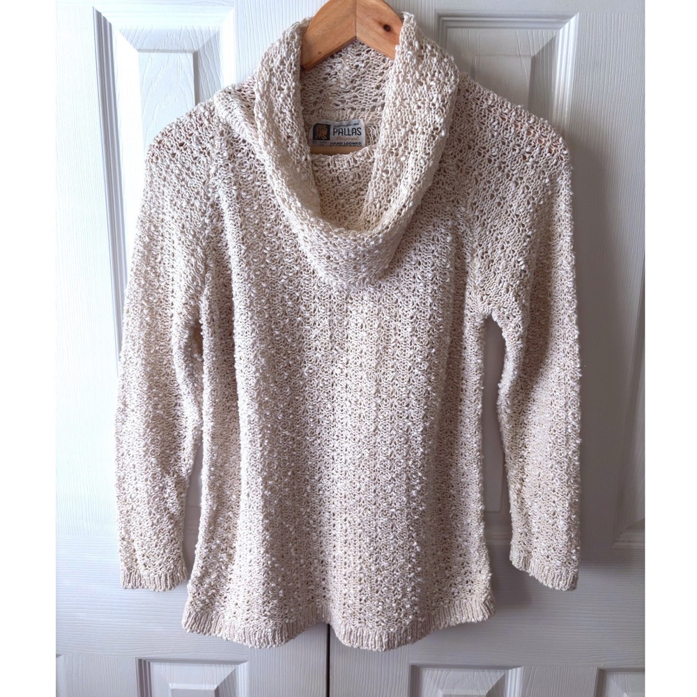 VINTAGE 1980's PALLAS 100% Irish Linen Handloomed Open Knit Cowl Neck Sweater L